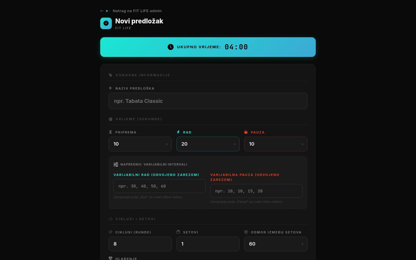 Create new workout preset